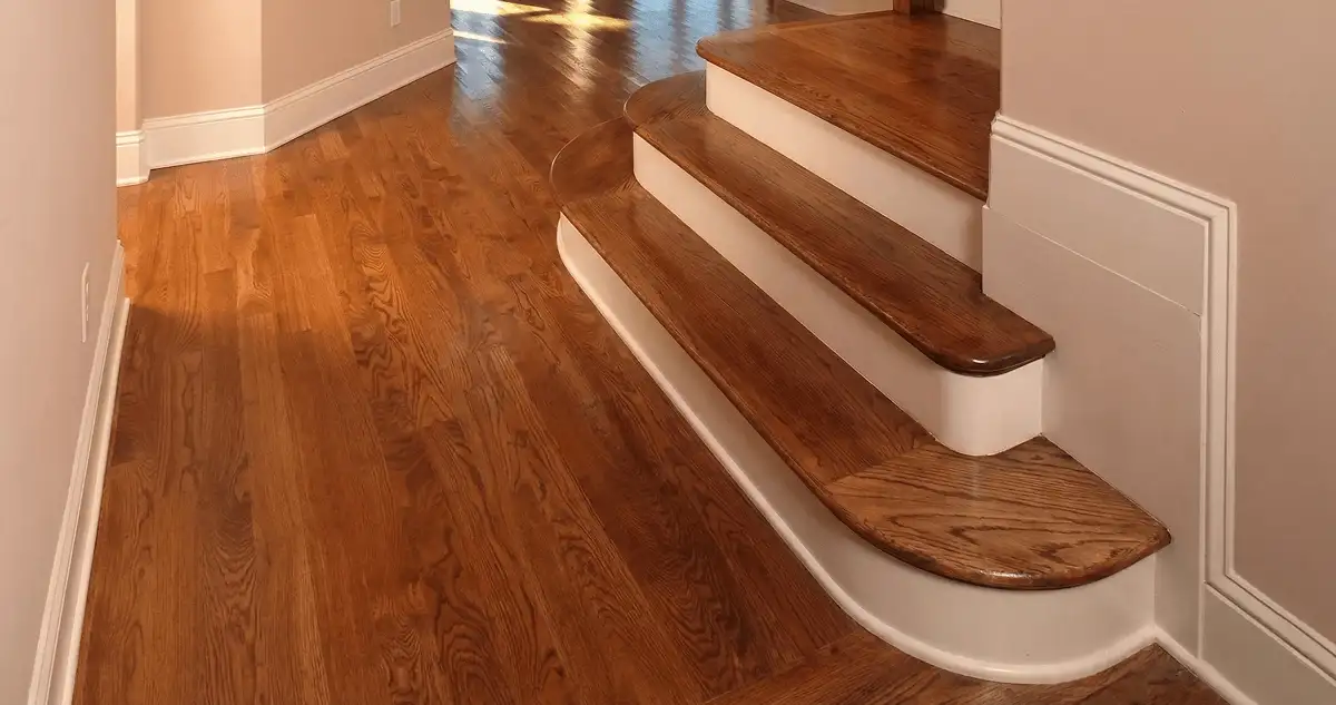 Base floor of a staircase with professionally restored wood flooring in Pittsburgh PA