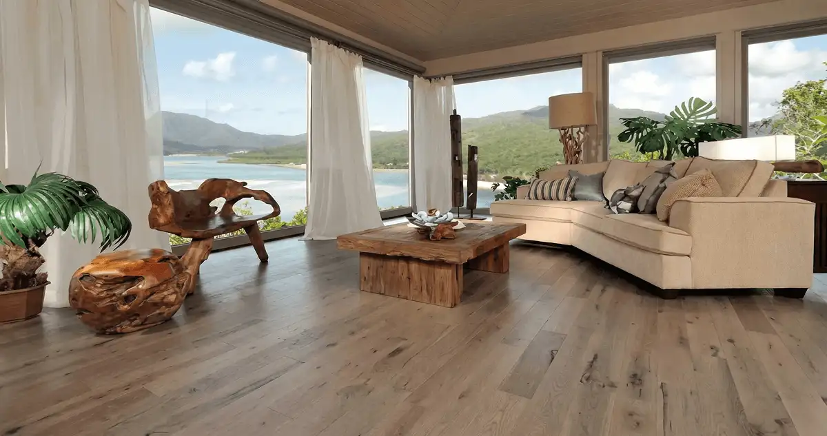 Professionally installed vinyl flooring in a modern living room with large windows in Pittsburgh, PA